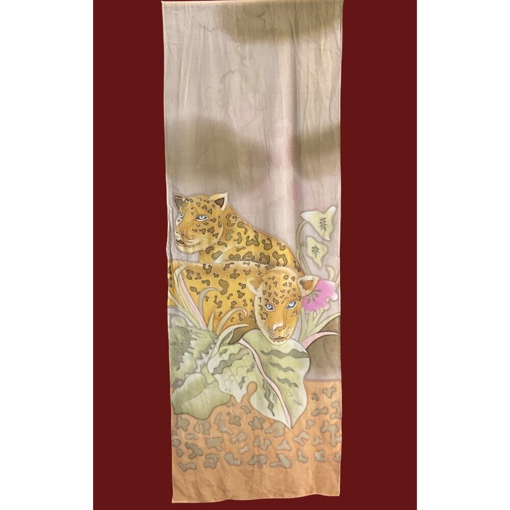 Vintage Carol Patterson Silk Scarf Jungle Leopard Print Hand Painted Boho